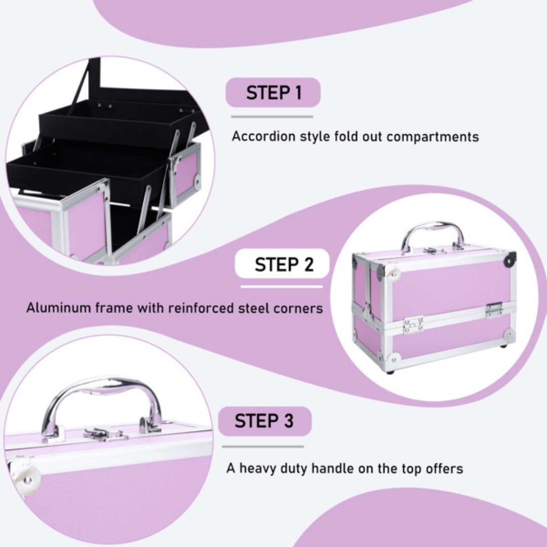 Boîte Maquillage Portable Aluminium Rose — Miroir Intégré 3