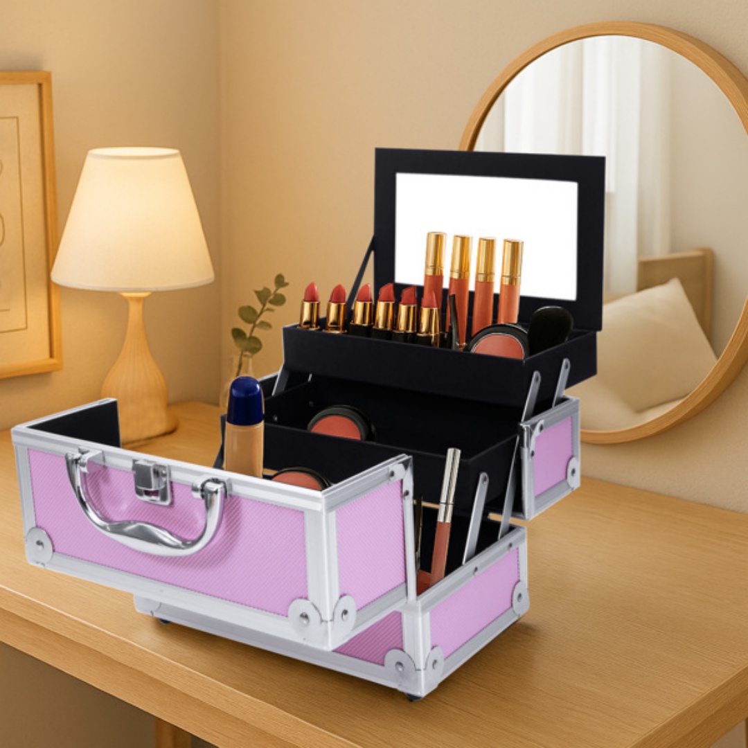 Boîte Maquillage Portable Aluminium Rose — Miroir Intégré 7